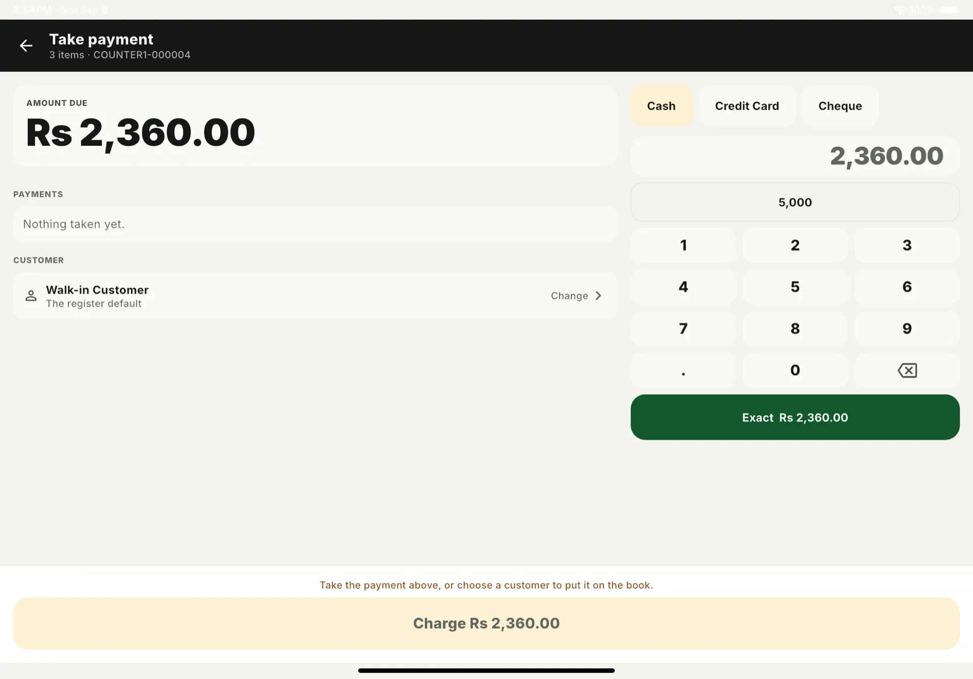 The Take payment screen: amount due Rs 2,360.00, tender tabs for Cash, Credit Card and Cheque, a numeric keypad, and an Exact button.