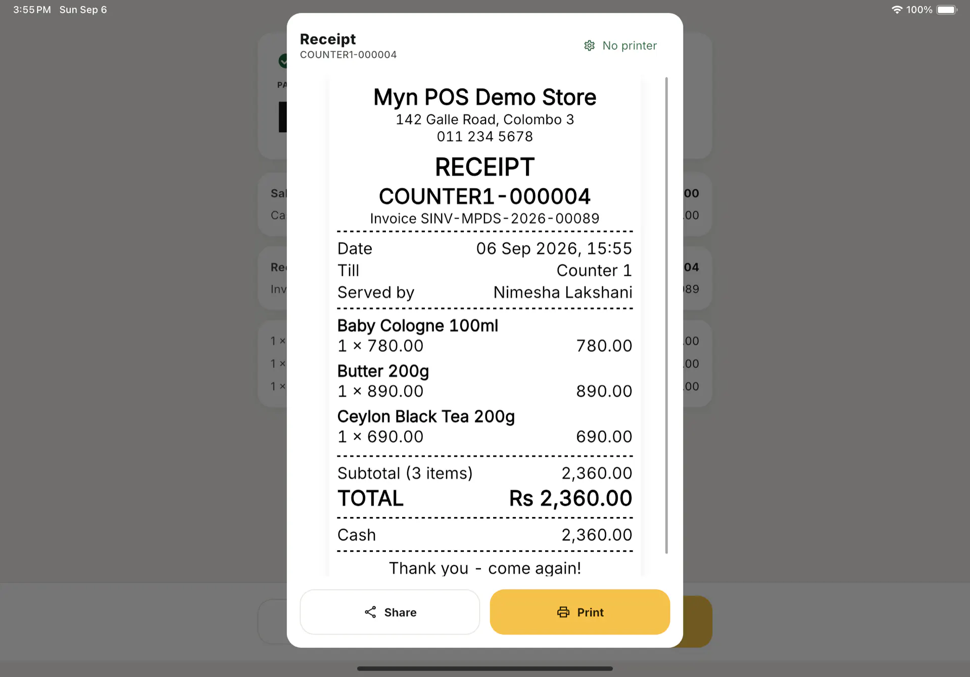 The receipt preview: a thermal slip for Myn POS Demo Store showing receipt COUNTER1-000004, invoice SINV-MPDS-2026-00089, three lines and a Rs 2,360.00 total, with Share and Print buttons.