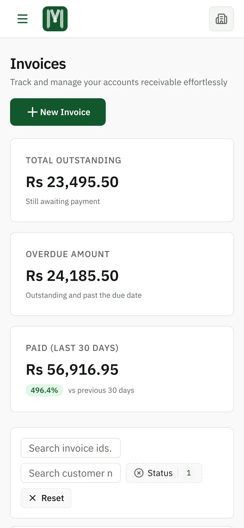 The MYN invoice list showing outstanding, overdue and paid totals with a table of invoices