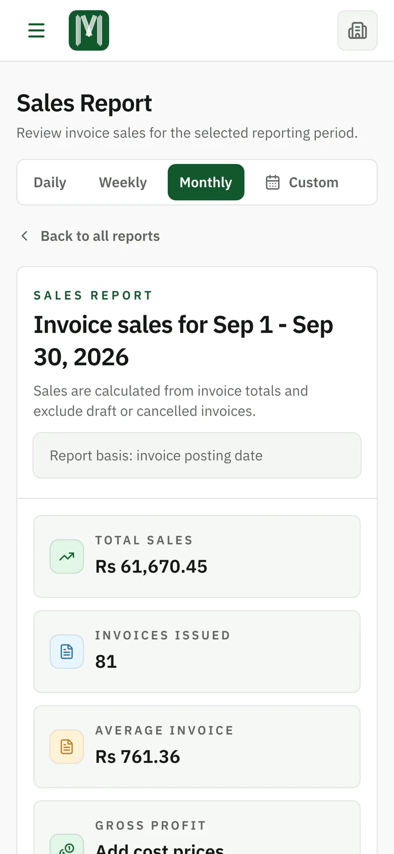The MYN sales report showing total sales, invoices issued and a daily sales trend chart