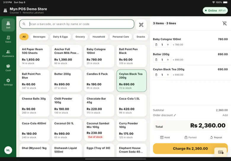 The MYN POS sell screen with a three line cart totalling Rs 2,360.00 and a Charge button